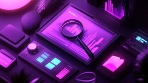 neon data analysis magnifying graph on tablet, desk